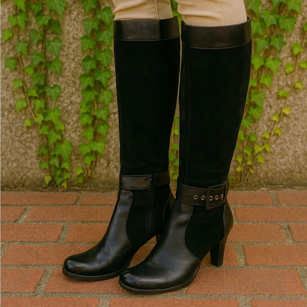 ITALIAN LEATHER Black Suede and Leather Dual Ankle Buckle Heeled Boots, 8M